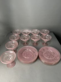 Set of 22 Mid-Century Pink Spiral Glassware