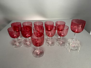 Set of 12 Cranberry Etched Cordial Glasses