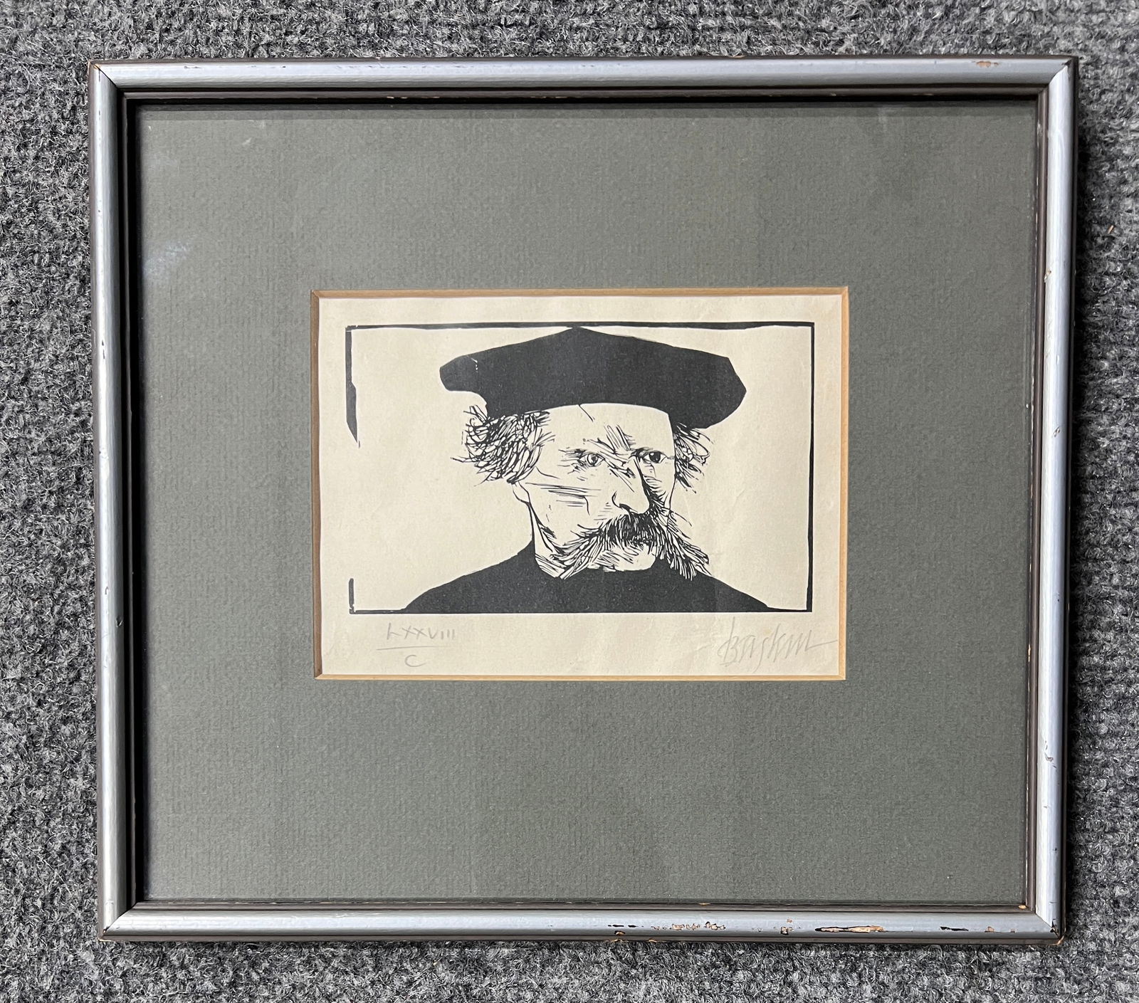 Leonard Baskin Woodcut, Portrait of Théodule Ribot: This is a woodcut print by American artist Leonard Baskin, depicting a portrait of the French realist painter Théodule Ribot. The print is numbered 78 out of an edition of 100 and was created i