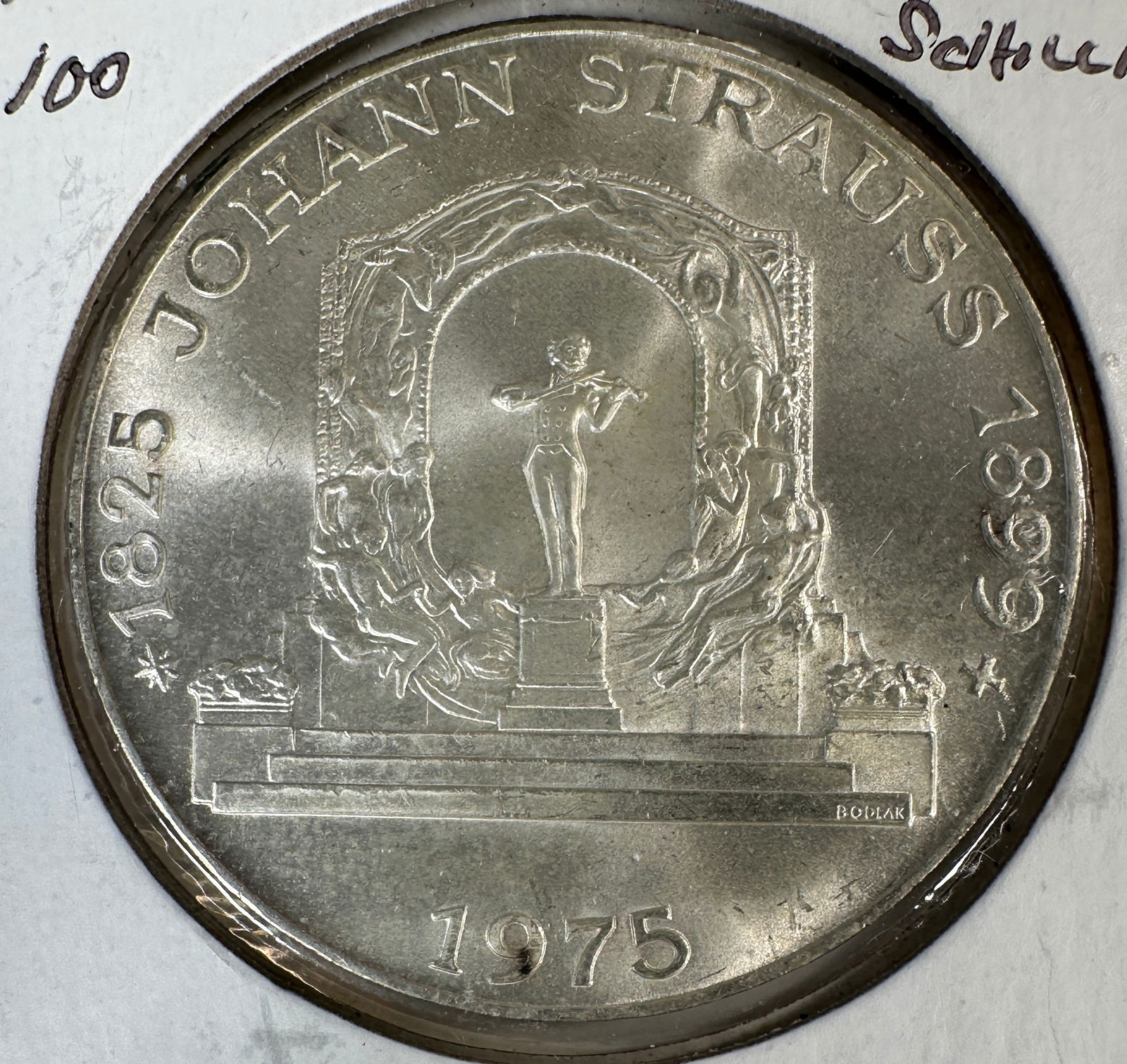 1975 Austria Post WWII 100 Schilling .640 Silver Coin - Johann Strauss (1 of 2)