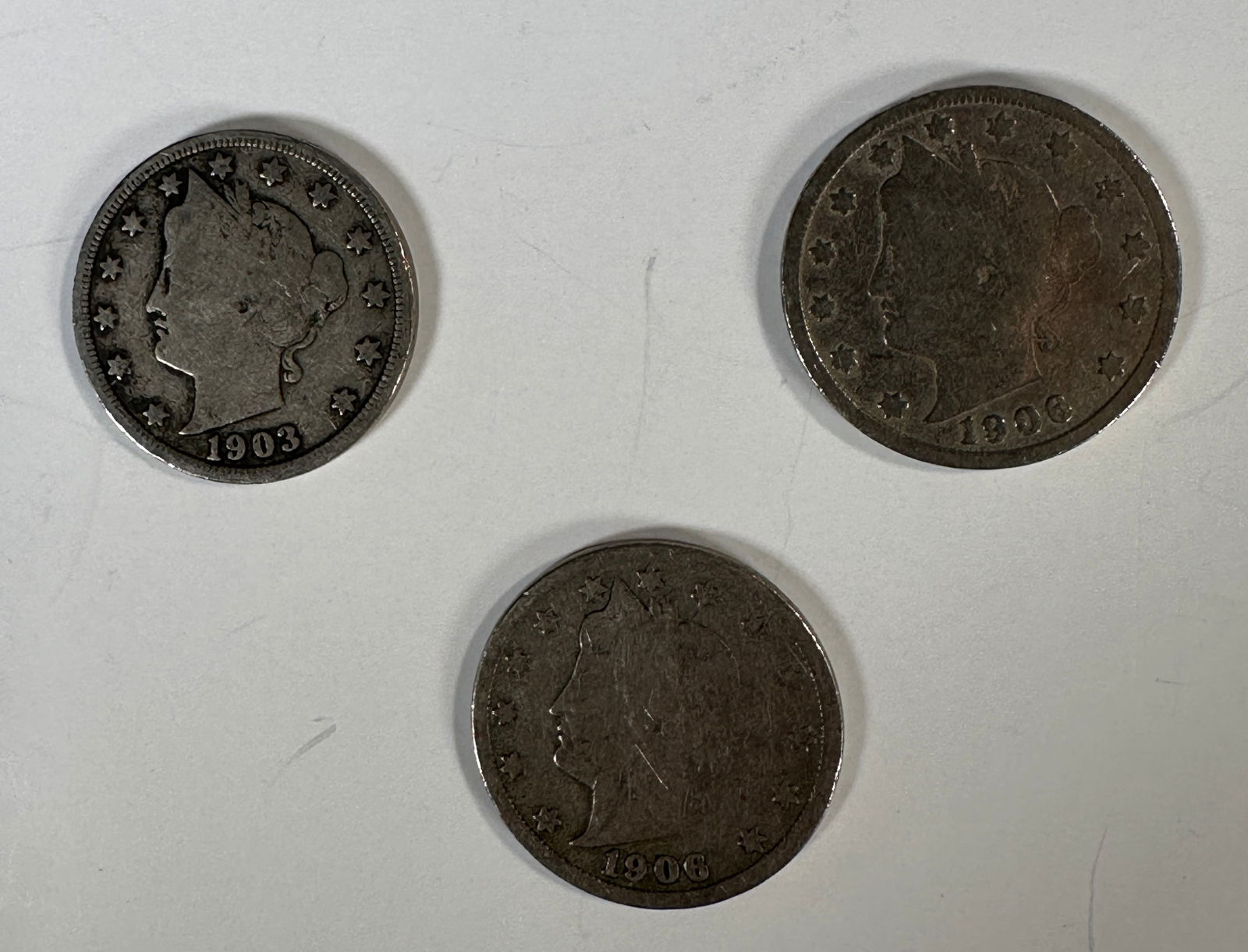 Three Liberty Head Nickels: 1903, 1906, 1906 (1 of 2)