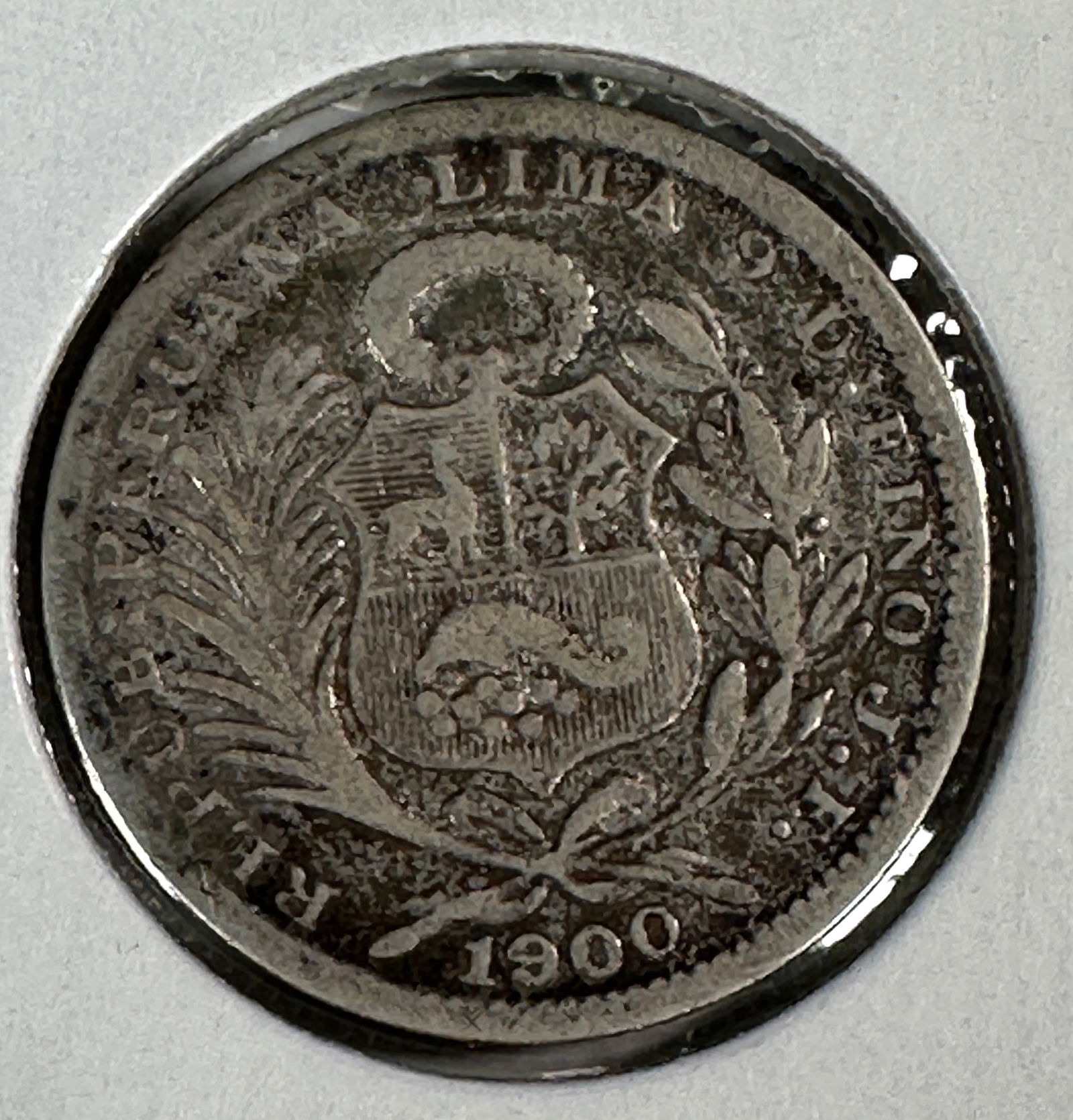 -*1900 Republica Peruana Lima 1/5 Sol .900 Silver Coin (1 of 2)