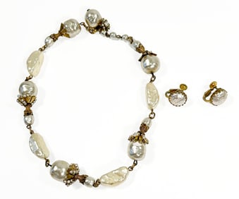 Miriam Haskell Large Faux Pearl Necklace and Earring Set