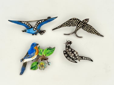 Four Enamel & Marcasite Silver Bird Brooches