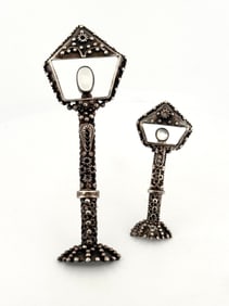 Two Sterling Silver Moonstone Lantern Brooches