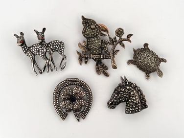 Five Silver Marcasite Brooches