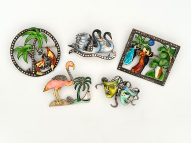 Five Silver, Enamel & Marcasite Brooches