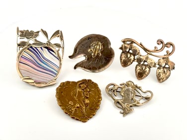 Five Art Nouveau Silver Brooches