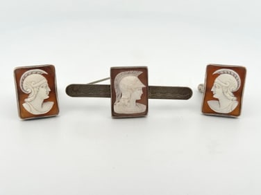 Silver Cameo Cufflinks and Tie Clip