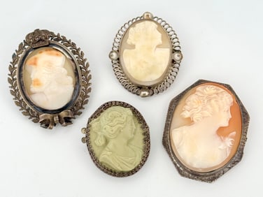 Four Sterling Silver Cameo Brooches
