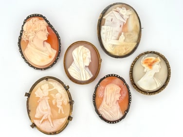 Six Mixed Metal Cameo Brooches