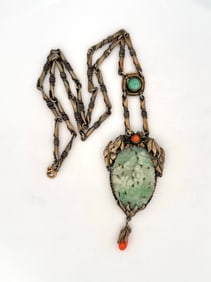 Chinese Silver Carved Jade Necklace