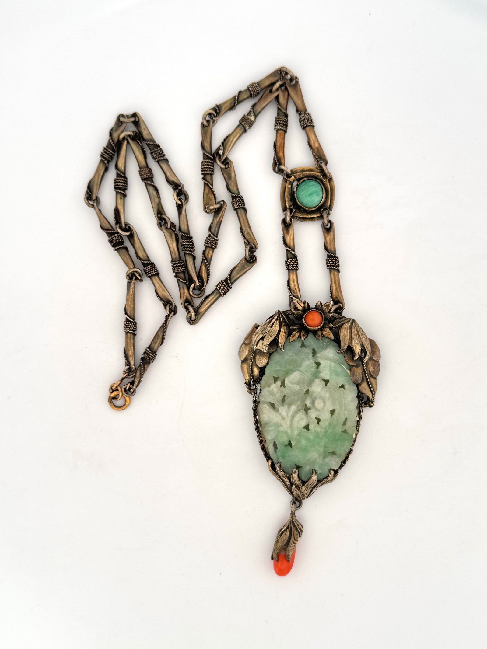 Chinese Silver Carved Jade Necklace (1 of 4)