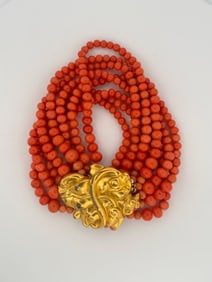 Coral Bead Bracelet with Gold Clasp