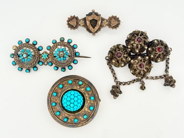 Turquoise and Garnet Brooch Group