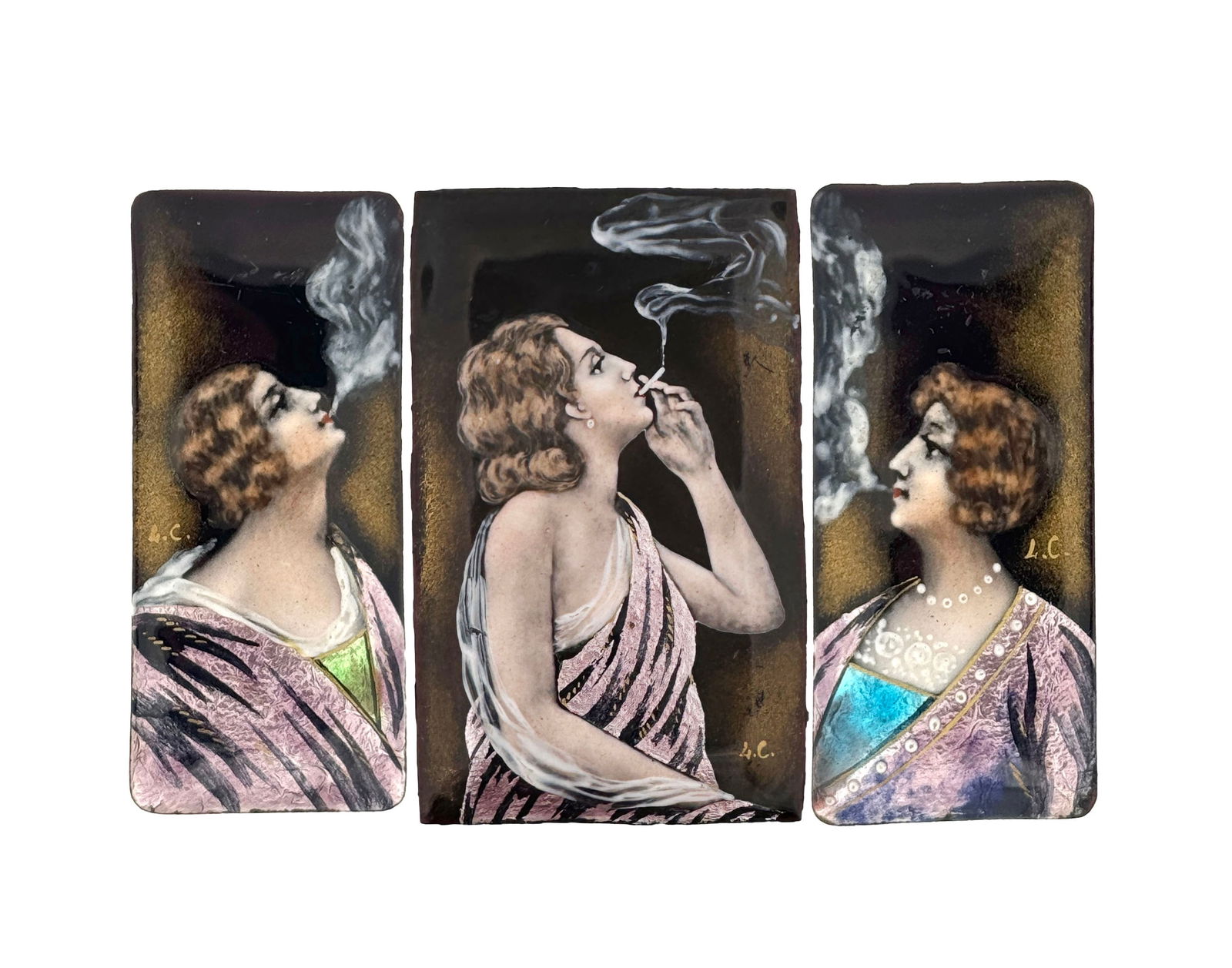 Three Hand-Painted Enamel Plaques: Three painted panels depicting women smoking. Each panel measures approximately 2" x 1 1/8". 