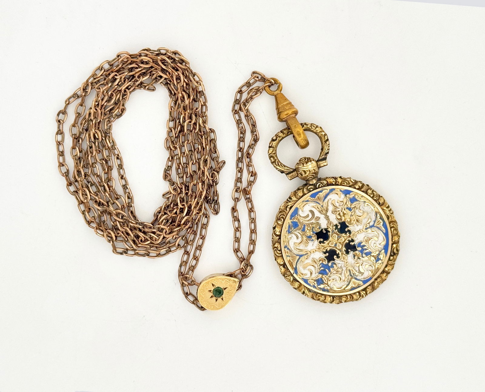 Antique Enamel Decorated Locket Pendant with Chain (1 of 4)