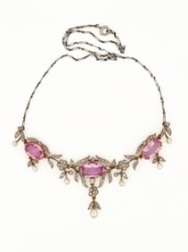 Antique Pink Topaz, Diamond, and Pearl Necklace