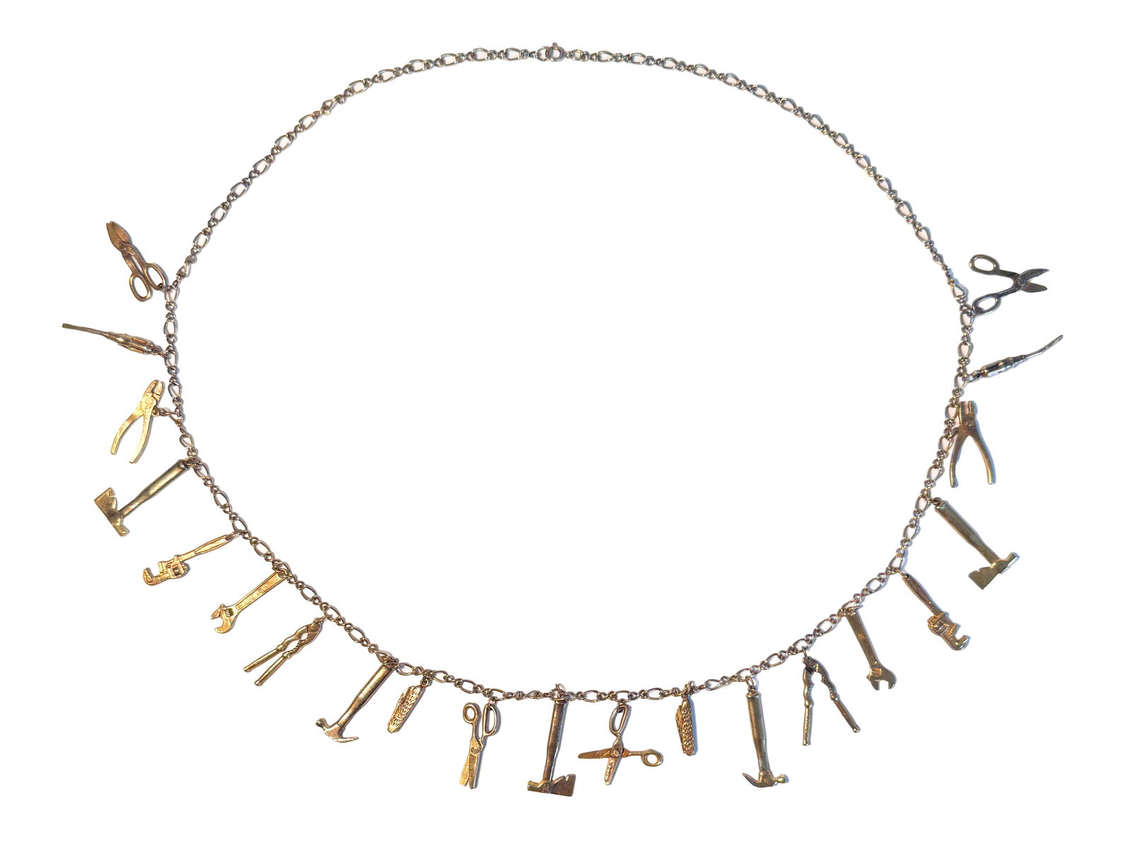 Gold Tone Tool Charm Necklace: Vintage gold-tone charm necklace featuring various tool charms. Measures approximately 15.5 inches in length and weighs 48.2 grams. 
