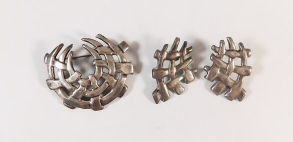 Modernist Sterling Silver Brooch and Earrings Set
