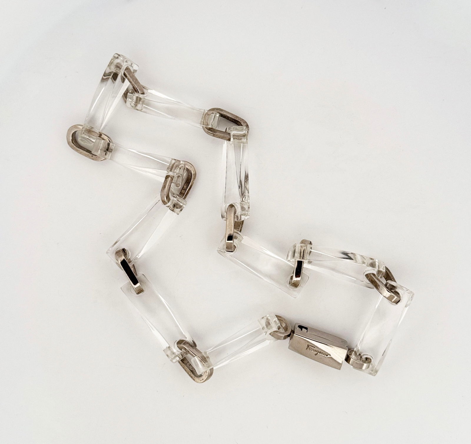 Ferragamo Clear Acrylic Necklace: Ferragamo clear acrylic necklace, signed on clasp. Also marked "Made Italy" on clasp. 17" 50.3g