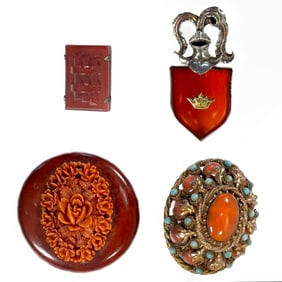 Four Faux Carnelian Costume Brooches