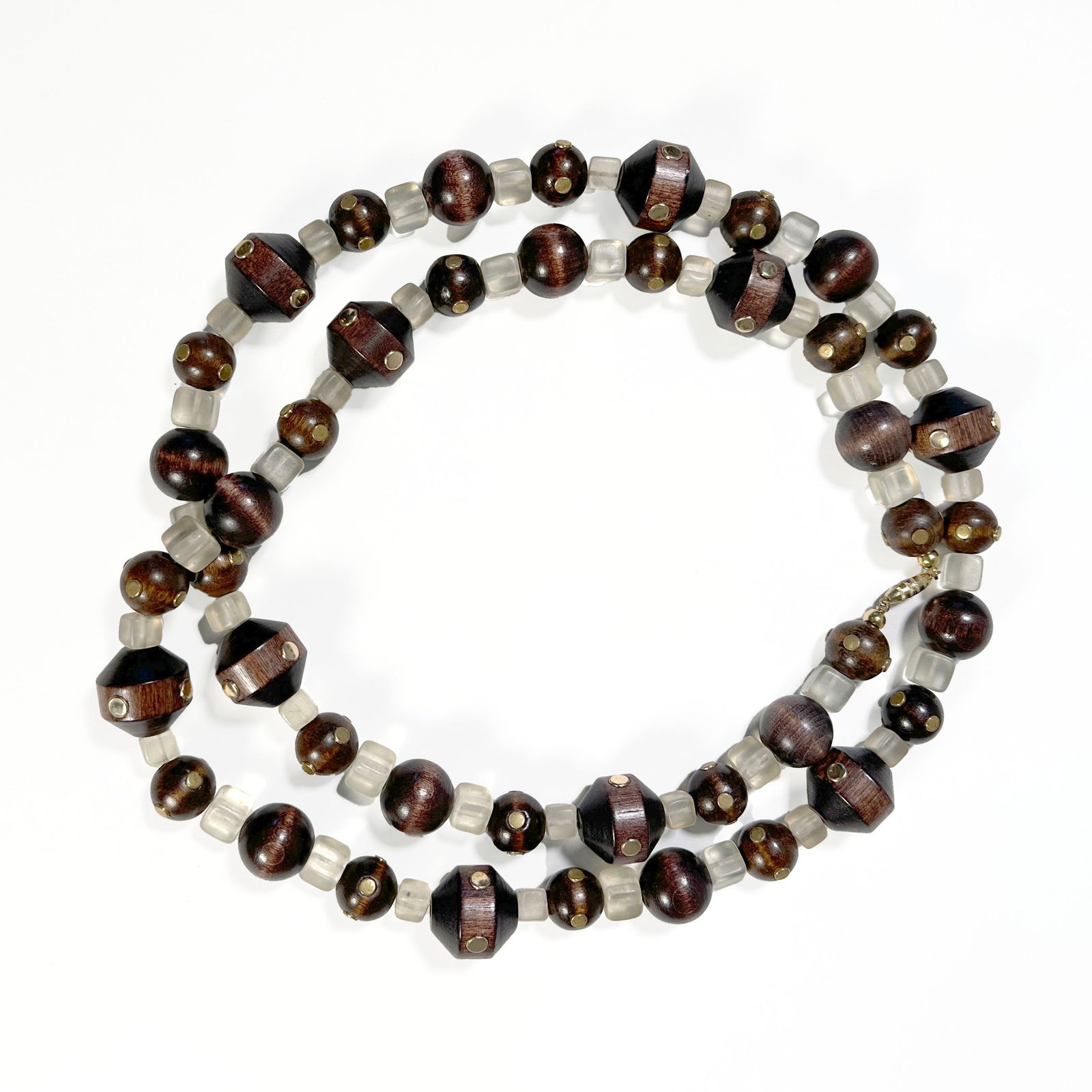 Wooden and Acrylic Beaded Necklace: A beaded necklace with studded wooden and clear acrylic beads. Measures 23.25 inches in long.Total Weight 182 g