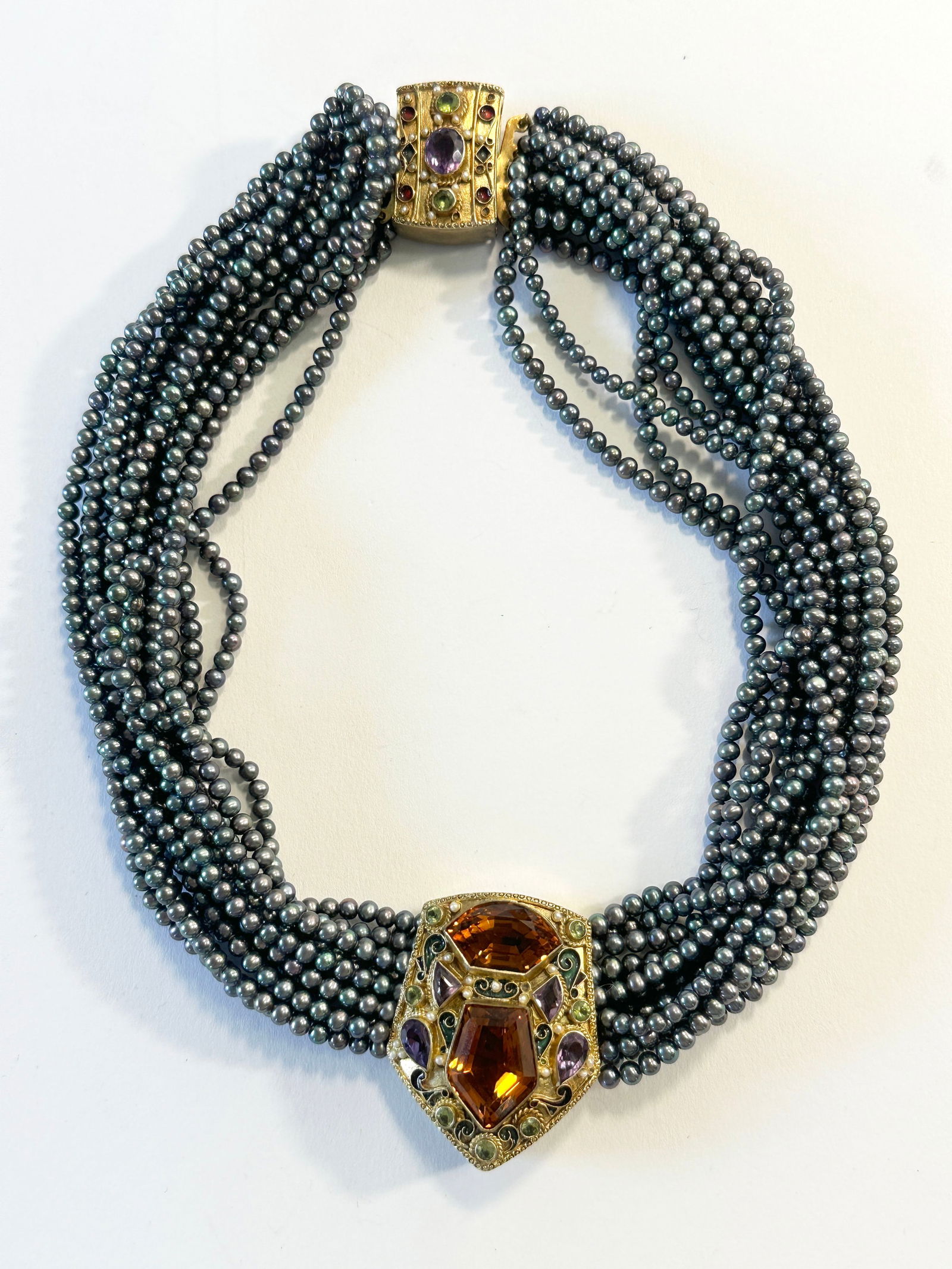 Percossi Papi Pearl, Gemstone & Enamel Necklace: Percossi Papi multi-strand pearl necklace featuring a large gemstone and enamel pendant. Marked "Percossi Papi Pour Raineri" on reverse. Length: 8.25 inches. Weight: 164.4g.