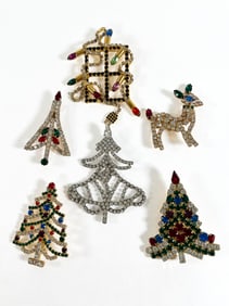 Six Christmas Rhinestone Brooches