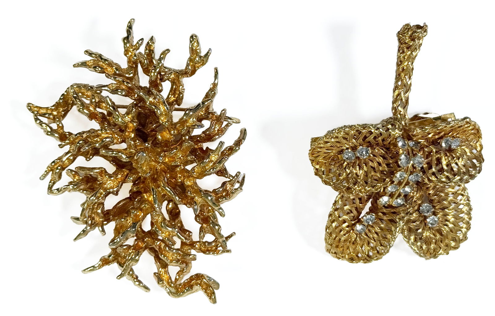 Two Gold Tone Brooches: Two gold tone brooches, including one Hobe' mesh brooch with rhinestones and one Panetta coral-shaped brooch. Each is signed on the reverse.larger brooch 3" x 2"62.9g