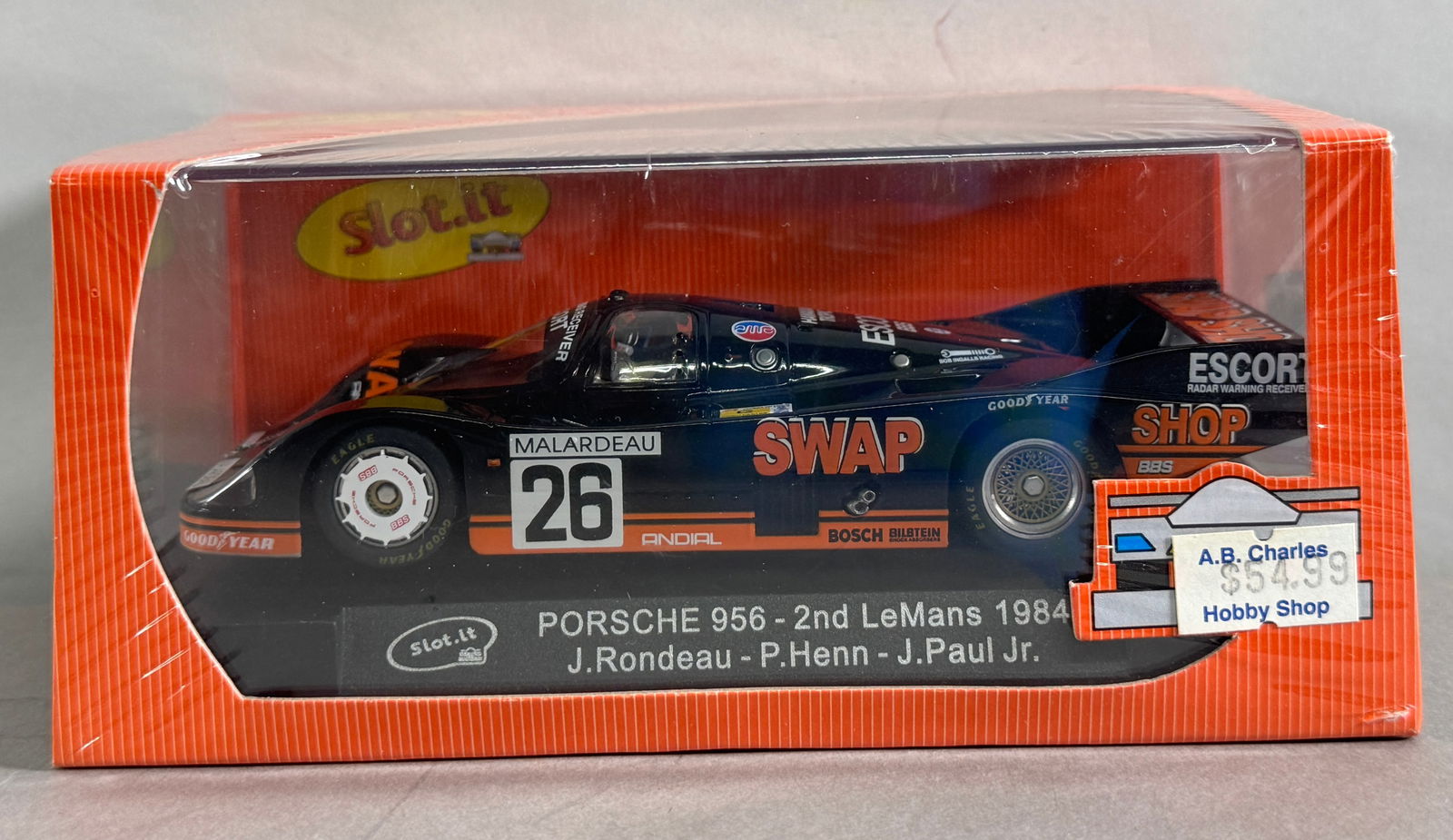 Slot.it Porsche 956 2nd Le Mans 1984 #26: Slot.it Porsche 956 2nd Le Mans 1984 J. Rondeau - P. Henn - J. Paul Jr. #26 SWAP 1/32 Slot Car. Reference CA02F, with original case. 