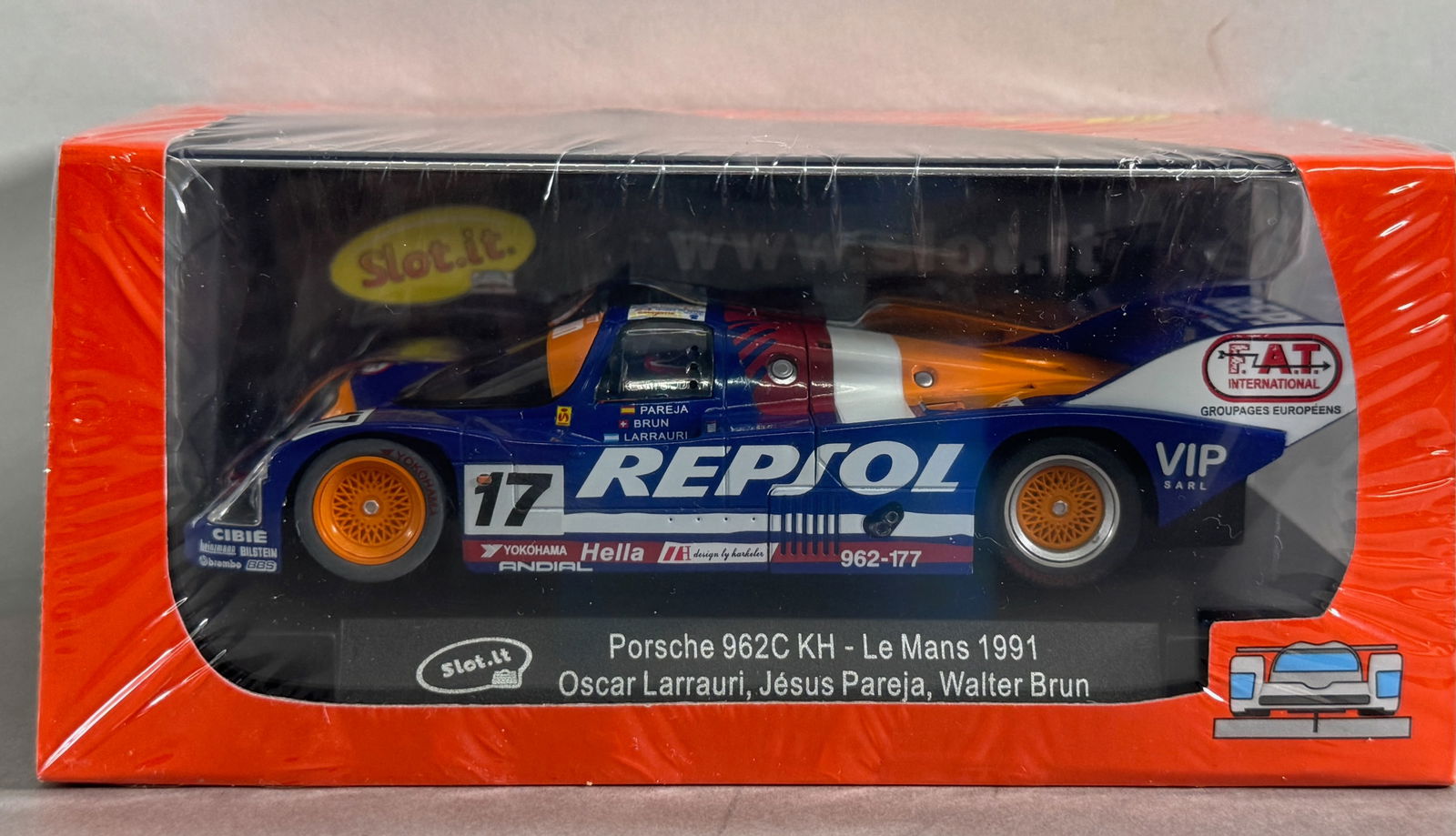 Slot.it Porsche 962C KH Le Mans 1991 #17: Slot.it Porsche 962C KH Le Mans 1991 Oscar Larrauri, Jesus Pareja, Walter Brun #17 Repsol 1/32 Slot Car. Reference #CA17e, with original case. Shrink-wrapped - new in box.