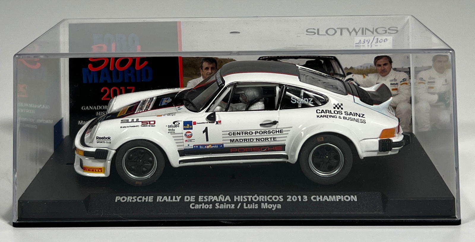 Slotwings Porsche Rally de Espana Historicos 2013 #1: Slotwings Porsche Rally de Espana Historicos 2013 Champion Sainz-Moya #1 Pirelli 6207 FX 2A 1/32 Slot Car. Reference number W044-04SP, with original case. 