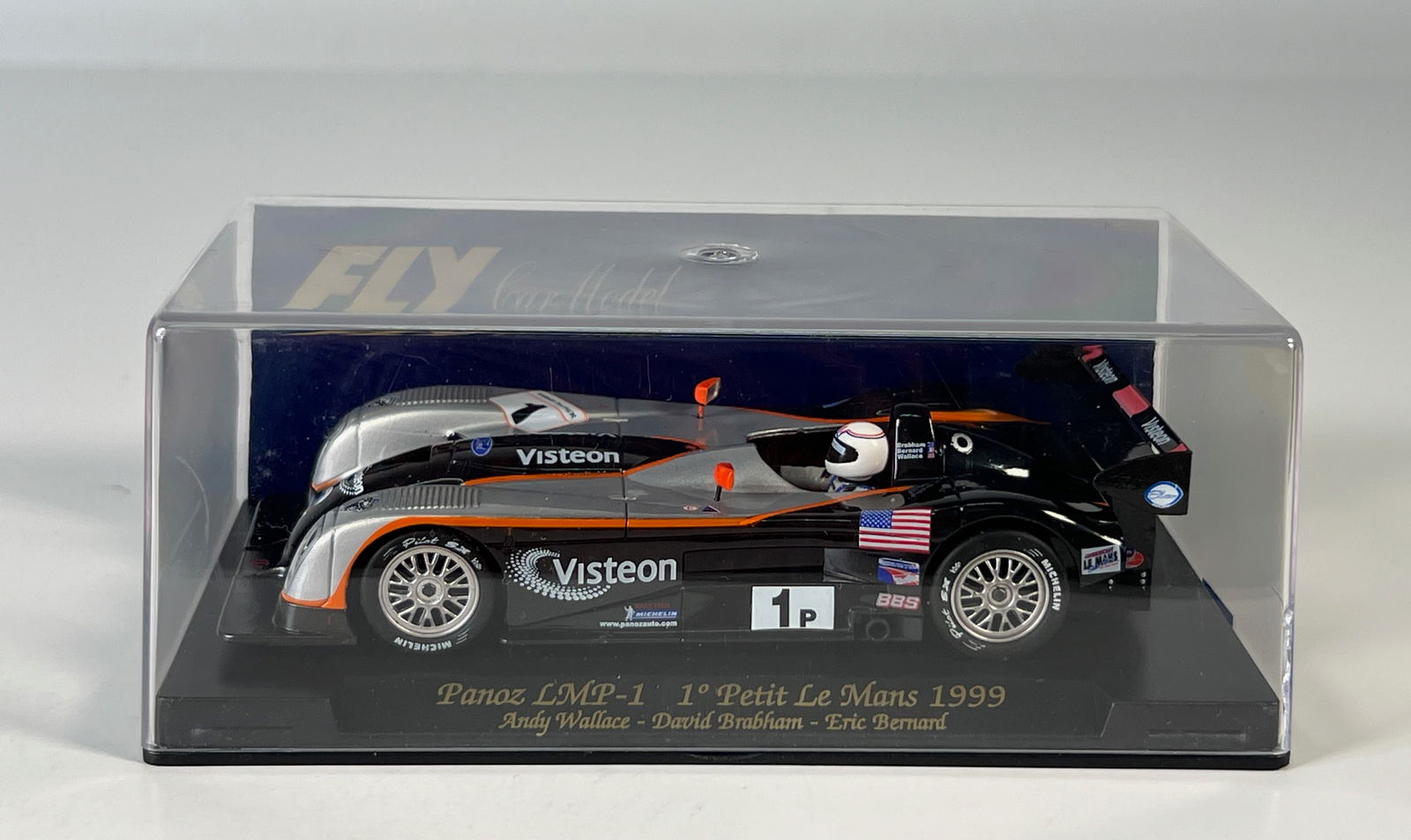 Fly Car Model Panoz LMP-1 1st Petit Le Mans 1999 #1: Fly Car Model Panoz LMP-1 1st Petit Le Mans 1999 Wallace - Brabham - Bernard #1P Visteon 1/32 Slot Car. Reference #A93, with original case. Weight: 6.6 oz.