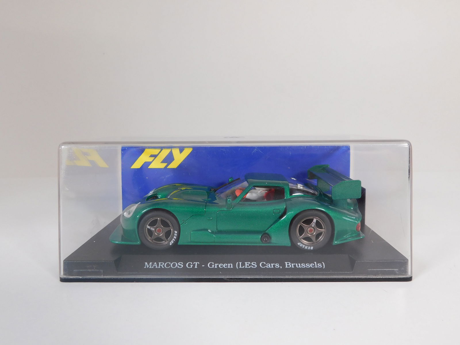 Fly Marcos GT Green (LES Cars, Brussels): Fly Marcos GT Green LES Cars Brussels 1/32 Slot Car. Reference #E23. with original case. Weight: 6.4 oz.