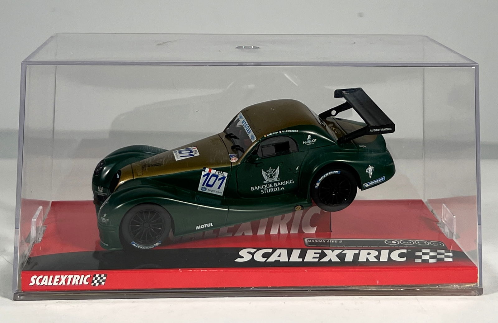 Scalextric Morgan Aero 8 #101: Scalextric Morgan Aero 8 #101 1/32 Slot Car, with original case. Weight: 8 oz.