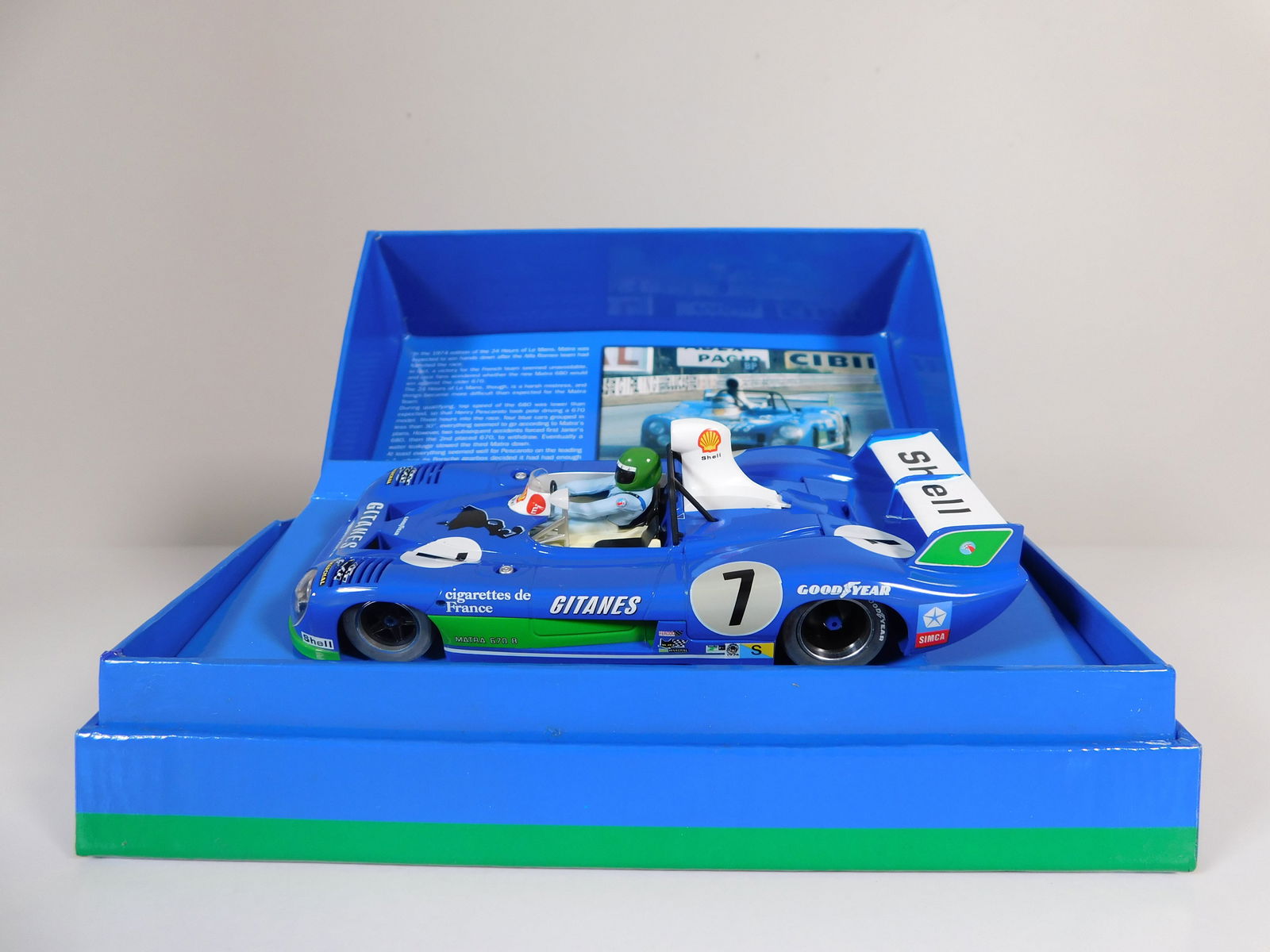 Slot.it Matra-Simca MS670B 1st Le Mans 1974 #7: Slot.it Matra-Simca MS670B 1st Le Mans 1974 #7 Shell 1/32 Slot Car. Reference #CW18, with original case. Weight: 8.8oz.