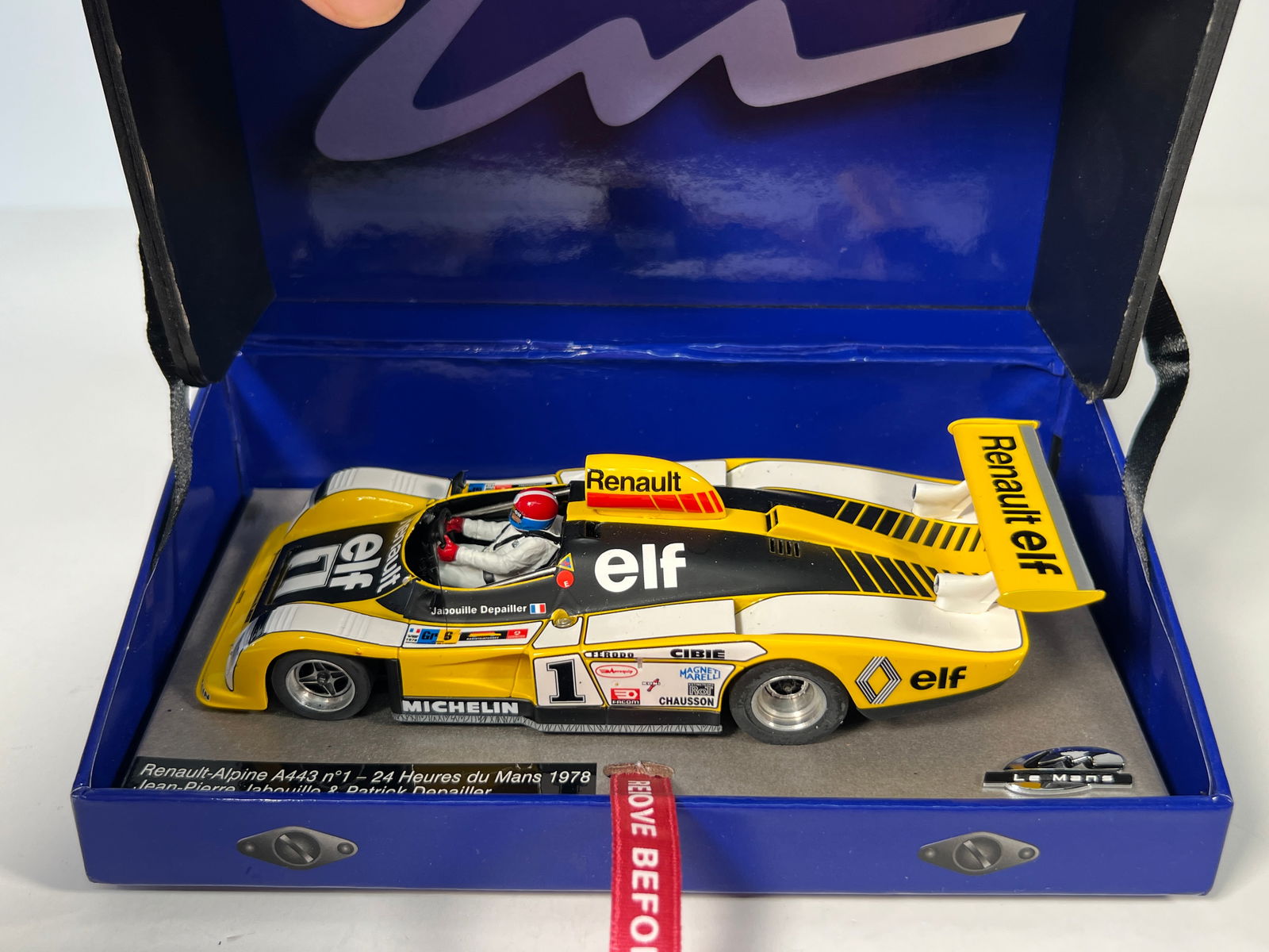 Le Mans Miniatures Renault-Alpine A443 #1 - 1978: Renault-Alpine A443 n°1 - 24 Heures du Mans 1978 slot car. Jean-Pierre Jabouille & Patrick Depailler. Displayed in original blue Le Mans Miniature box.
