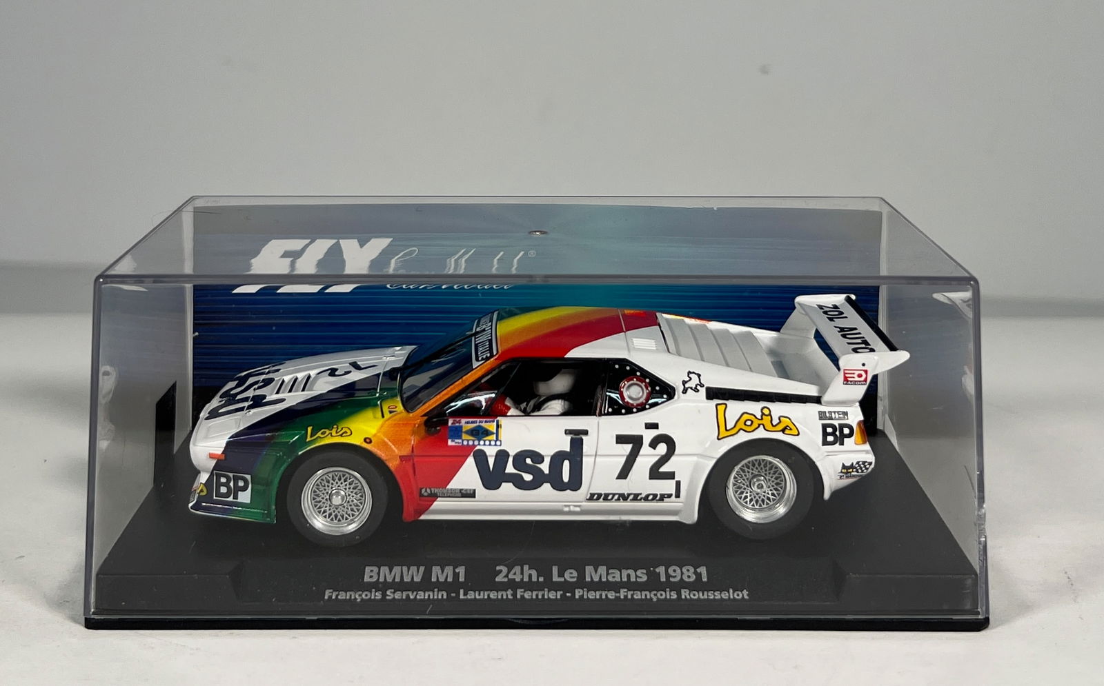 Fly Car Model BMW M1 24h Le Mans 1981 #72: Fly Car Model BMW M1 24h Le Mans 1981 Servanin - Ferrier - Rousselot #72 vsd 1/32 Slot Car. Reference #88322, with original case. Weight: 5 oz.
