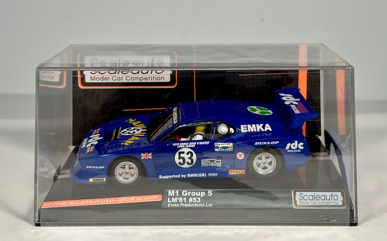 Scaleauto M1 Group 5 LM'81 #53: Scaleauto M1 Group 5 LM'81 Emka Productions Ltd #53 Hawaiian 1/32 Slot Car. Reference #SC-6024, with original case. Weight: 7 oz.
