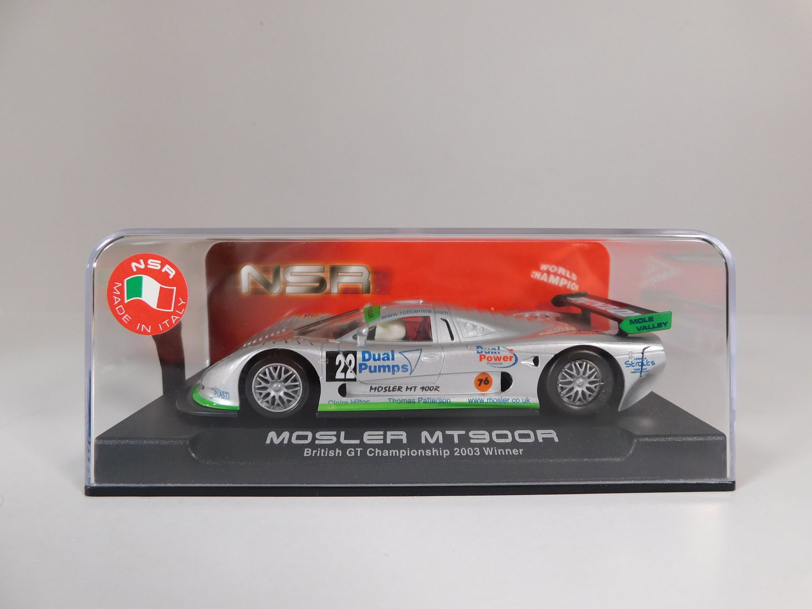NSR Mosler MT900R British GT Championship 2003 Winner #22: NSR 1002 Mosler MT900R XAVEX British GT Championship 2003 Winner #22 Dunlop 1/32 Slot Car, with original case. Weight: 7.2oz. 