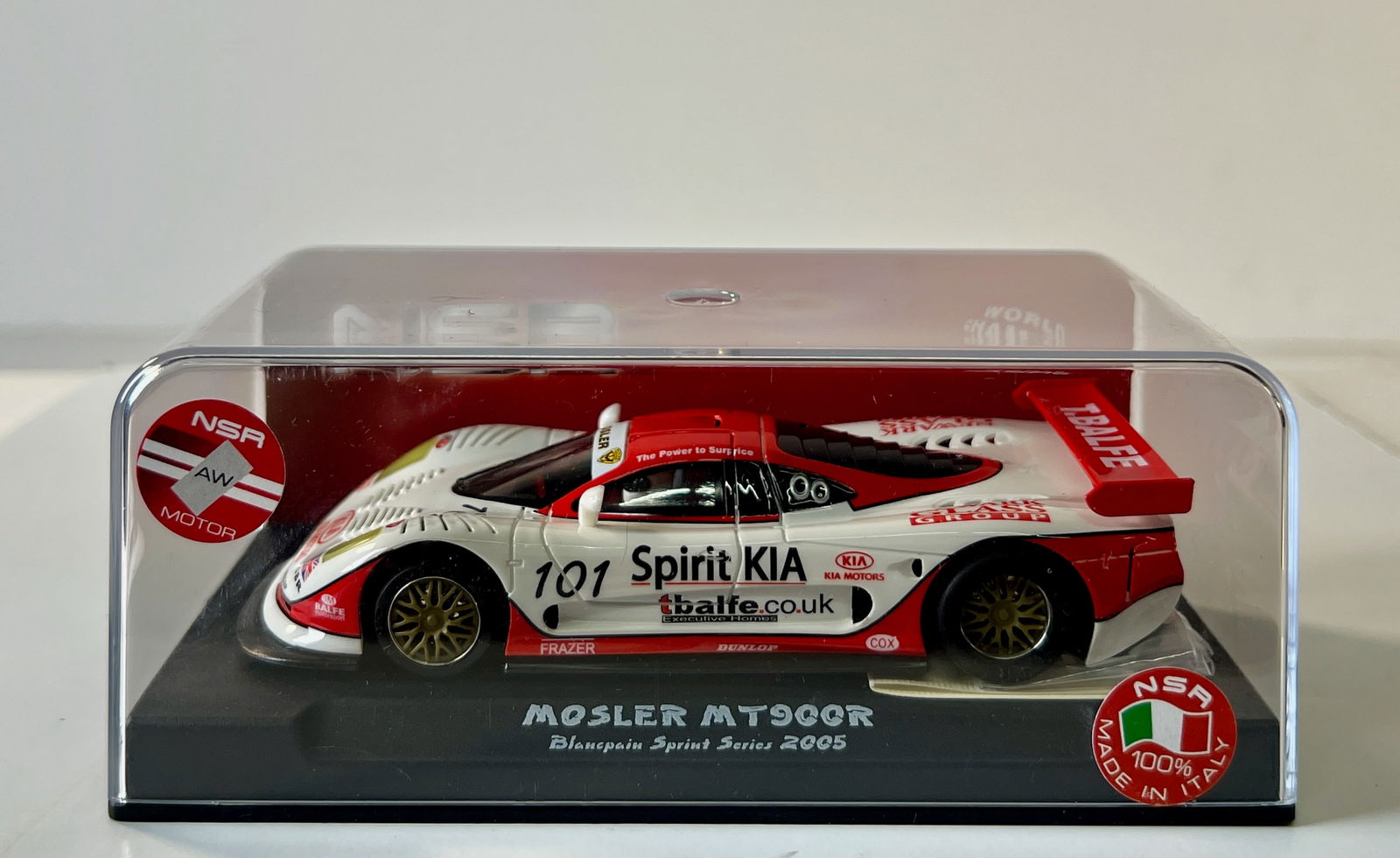 NSR Mosler MT900R Blancpain Sprint Series 2005 #101: Mosler MT900R Blancpain Sprint Series 2005 #101 Kia Motors 1/32 Slot Car, with original case. Weight: 7 oz. AW Motor.