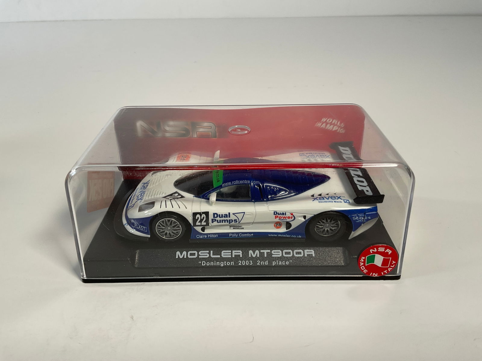 NSR Mosler MT900R EVO 2nd Donington 2003 #22: NSR Mosler MT900R EVO 2nd Donington 2003 #22 Dunlop 1/32 Slot Car, with original case. Weight: 7.1 oz.