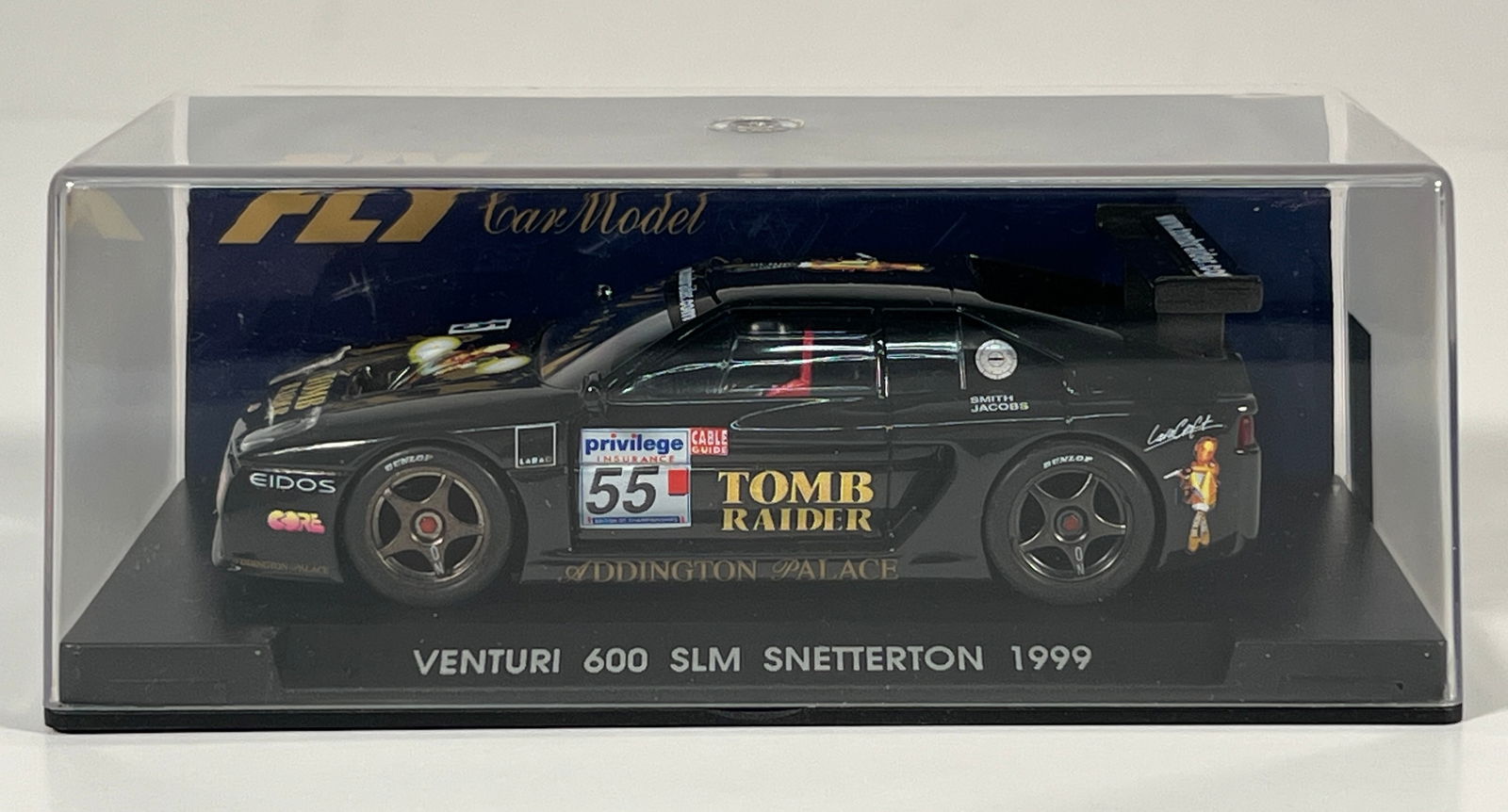 Fly Car Model Venturi 600 SLM Snetterton 1999 #55: Fly Car Model Venturi 600 SLM Snetterton 1999 #55 Tomb Raider 1/32 Slot Car. Reference #A17, with original case. 