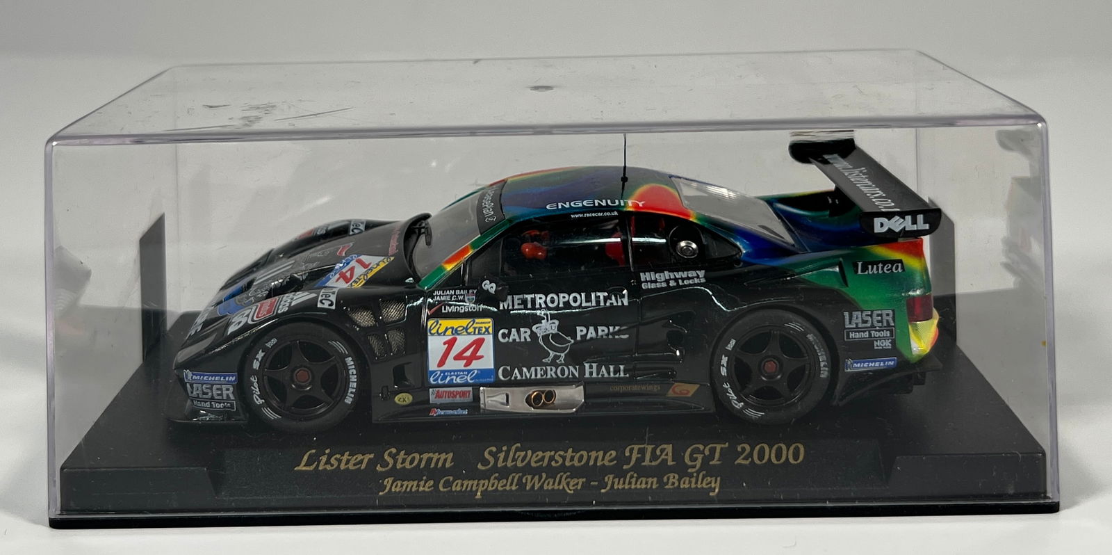 Fly Lister Storm Silverstone FIA GT 2000 #14: Fly Lister Storm Silverstone FIA GT 2000 Walker - Bailey #14 Cameron Hall 1/32 Slot Car, with original case. Weight: 7 oz.