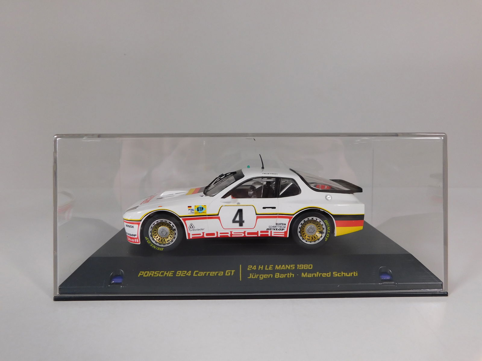 Falcon Slot Cars Porsche 924 Carrera GTP 24h Le Mans 1980 #4: Falcon Slot Cars Porsche 924 Carrera GTP 24h Le Mans 1980 Barth-Schurti #4 1/32 Slot Car, with original case. Weight: 9.3 oz.