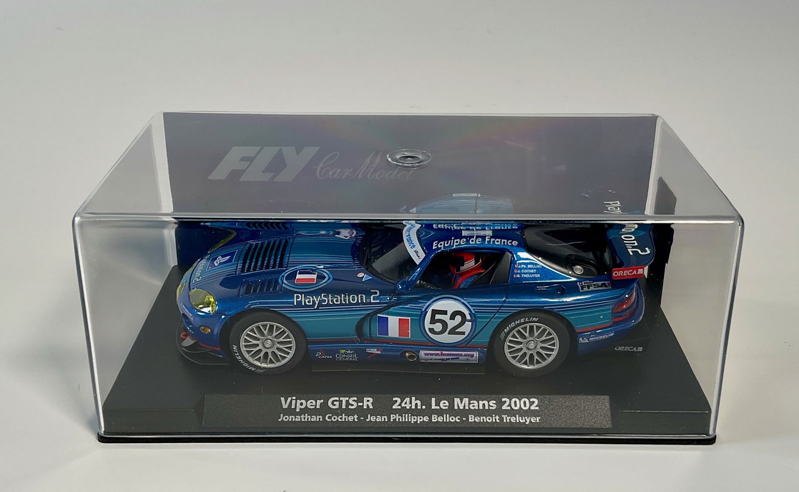 Fly Car Model Viper GTS-R 24h Le Mans 2002 #52: Fly Car Model Viper GTS-R 24h Le Mans 2002 Cochet - Belloc - Treluyer #52 PlayStation 2 1/32 Slot Car, with original case. Box measures 2.5'' tall and the car weighs 6.6 oz.