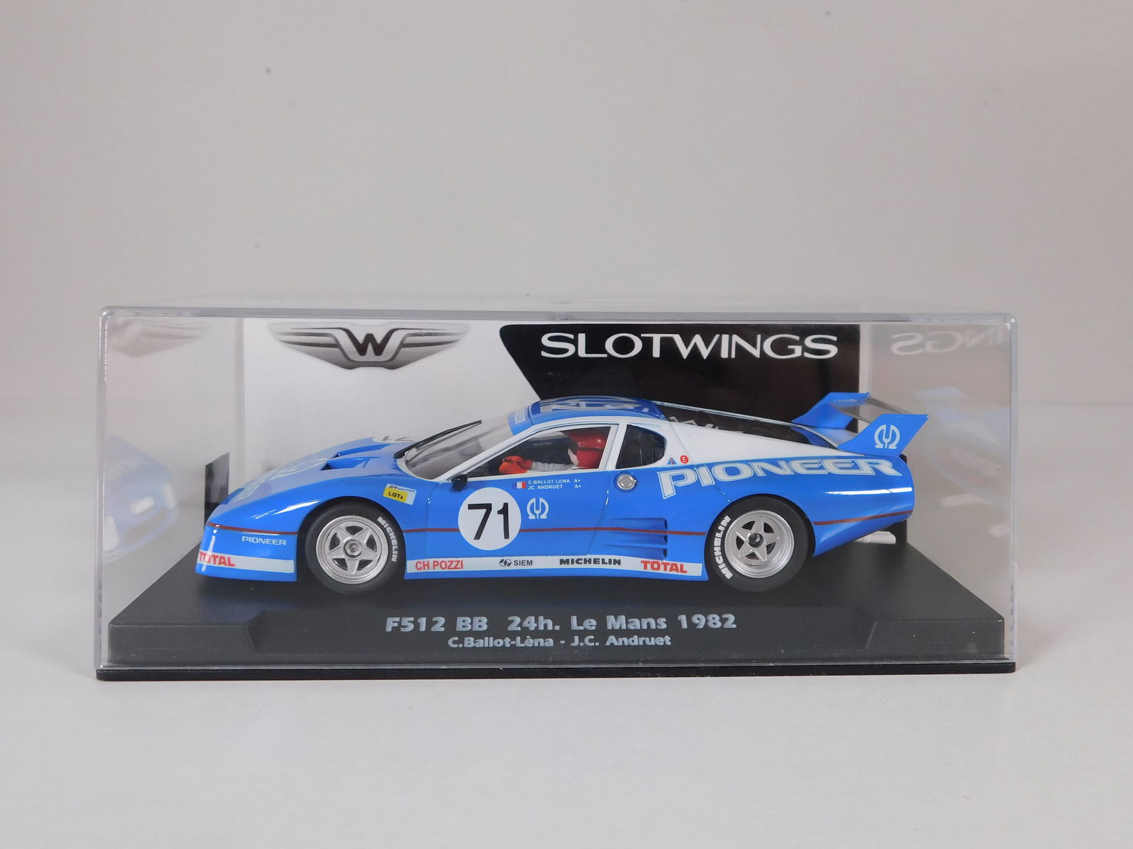Slotwings Ferrari 512 BB 24h. Le Mans 1982 #71: Slotwings Ferrari 512 BB 24h. Le Mans 1982 C.Ballot-Lena / J.C. Andruet #71 Pioneer 1/32 Slot Car 512BB. Reference #W50102, with original case. Weight: 6.5 oz.