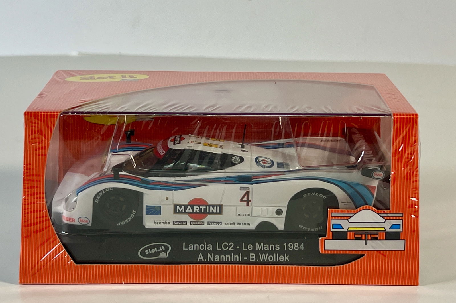 Slot.it Lancia LC2 Le Mans 1984 #4: Slot.it Lancia LC2 Le Mans 1984 A.Nannini - B.Wollek #4 Martini 1/32 Slot Car. Reference #SICA08C, with original case. Weight 8 oz. Shrink-wrapped - new in box.