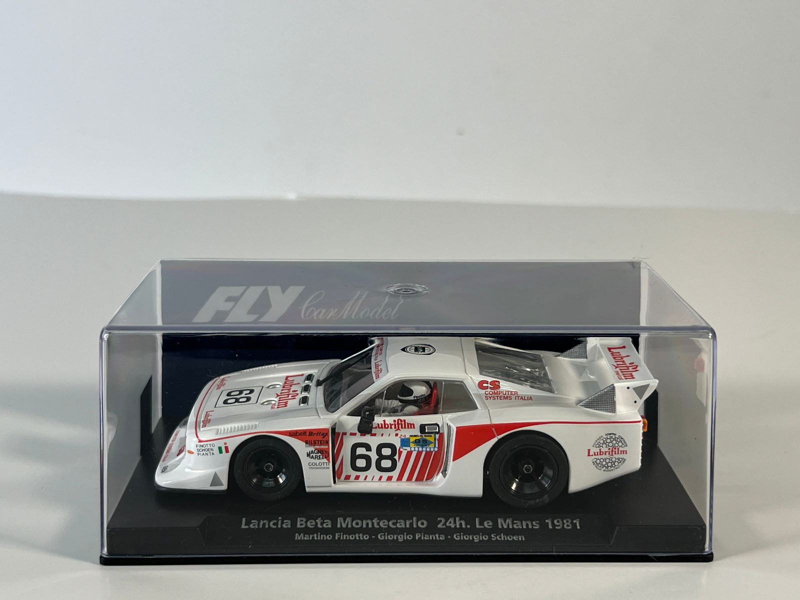 Fly Car Model Lancia Beta Montecarlo 24h Le Mans 1981 #68: Fly Car Model Lancia Beta Montecarlo 24h Le Mans 1981 Finotto - Pianta - Schoen #68 Lubrifilm 1/32 Slot Car. Reference #88239, with original case. Case length 6.5 inches, weight 7 oz. 